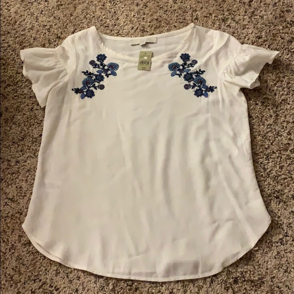 LOFT XXS Petite White Blouse with Blue flowers